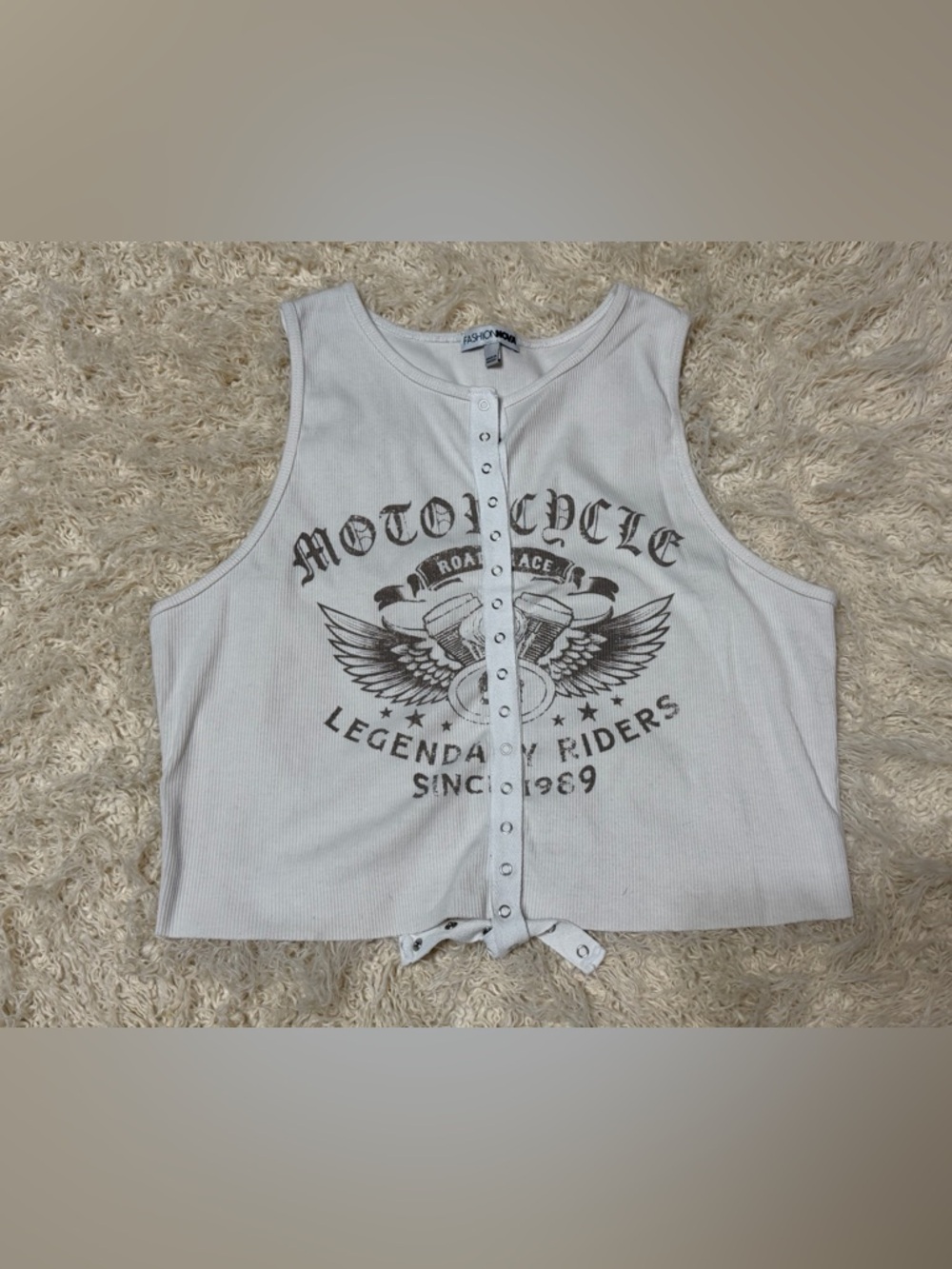 Fashion Nova White Motorcycle Graphic Tank Top with the hook eye front